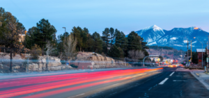 Red tail lights blurred heading into Flagstaff