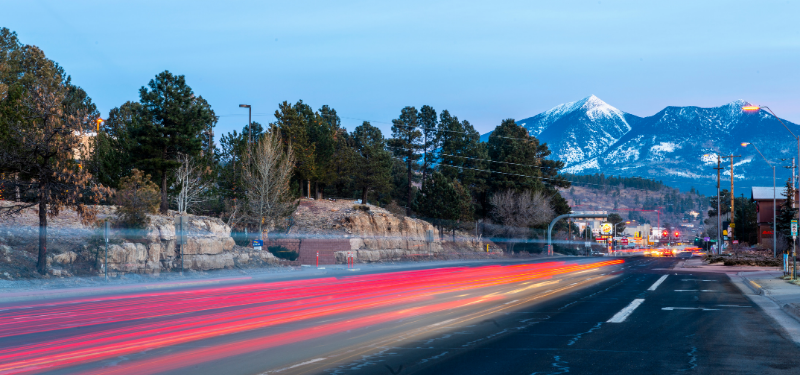 Red tail lights blurred heading into Flagstaff