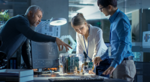 Two male and one female entrepreneur reviewing a scientific innovation in the lab.