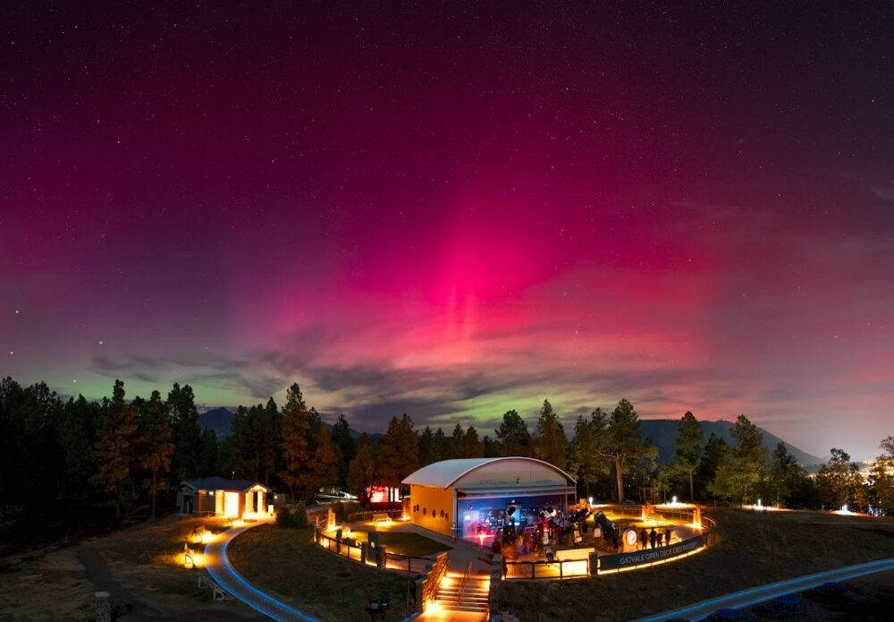 Purple northern lights over the open deck observatory at Lowell Observatory